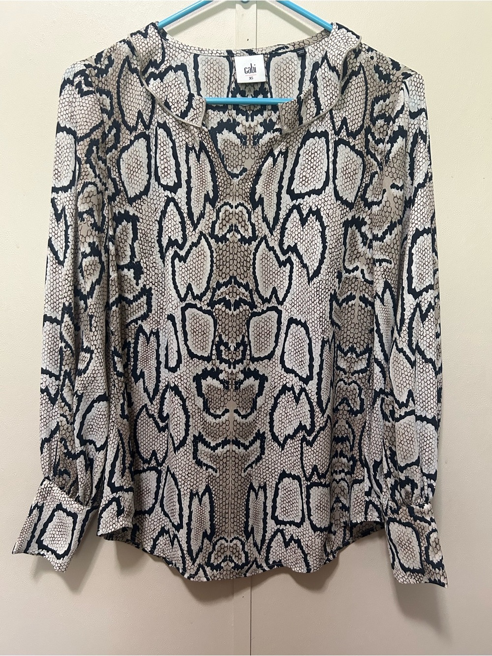 CAbi Snake-Print Long Sleeve Blouse in Beige and Black